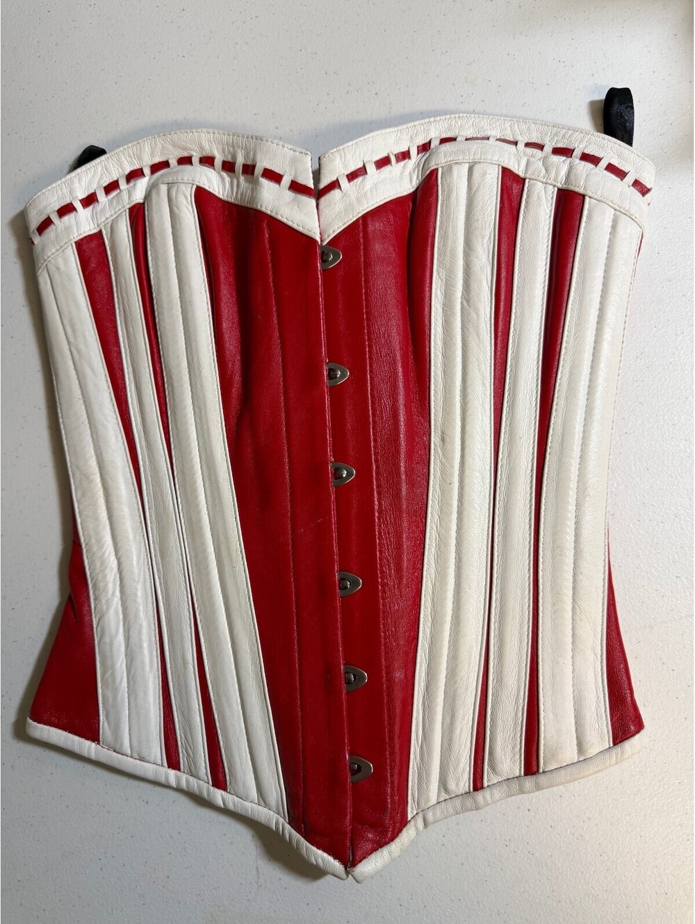 Red and White Genuine Soft Leather Corset with Lace-Up Back, Size Small
